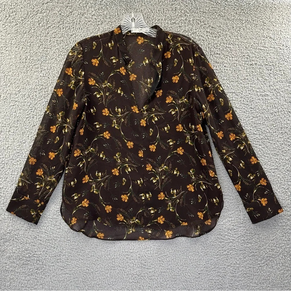 Mango MNG Suit Deep V Long Sleeve Blouse‎ Floral Brown Women's Size 2 / XS